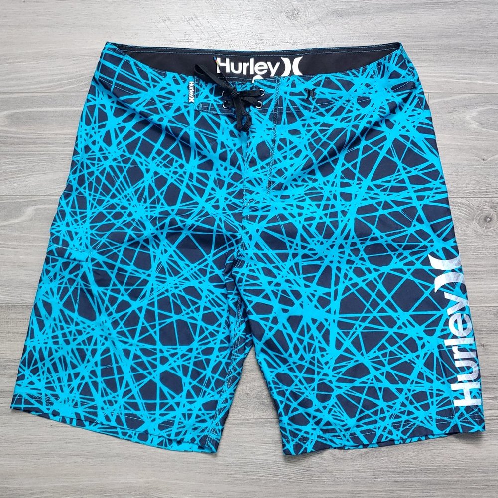 Excellent Used Condition Men's HURLEY Board Shorts Black and Blue Design Size 34